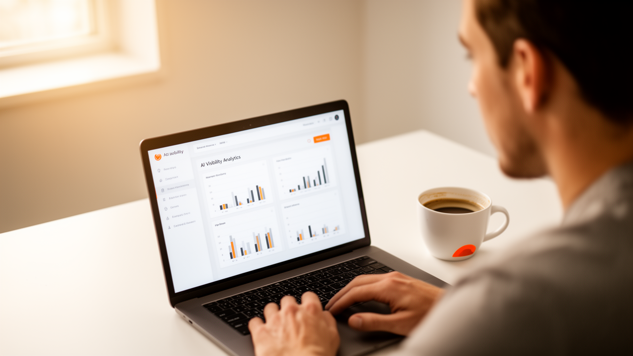 Marketer reviewing AI visibility on a laptop